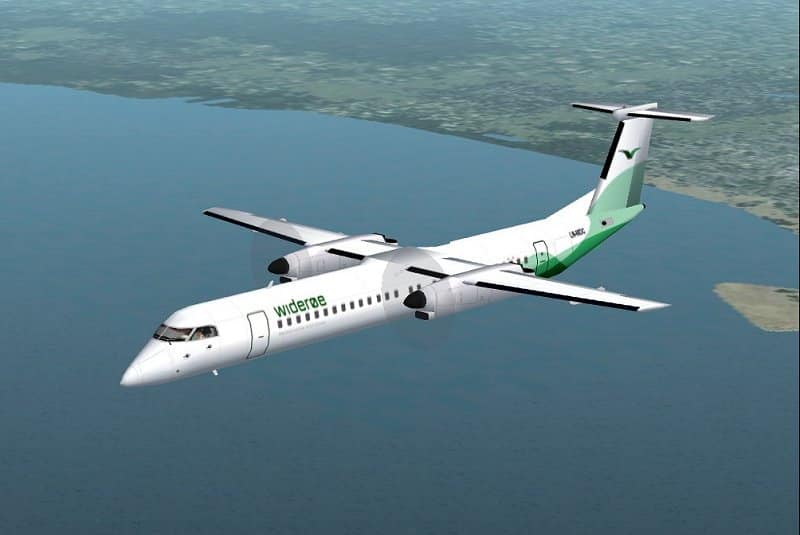 FS2002 PRO De Havilland Dash8-Q402. 72-78 seat advanced turboprop regional airliner. Wideroe of Norway