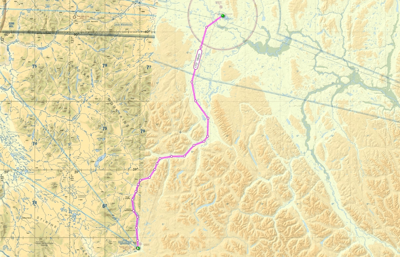 Watson Lake Yukon to Dease Lake VFR route flight plan v1.0