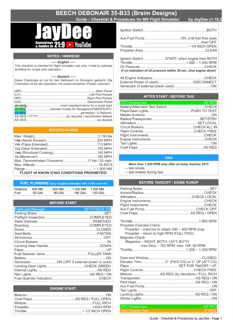 Debonair 35-B33 – JayDee´s Checklist & Procedures (PDF) v1.19.2